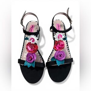 Betsey Johnson Black Sandals with Pink, Purple & Red Floral Appliqués